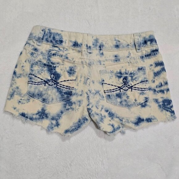 Mudd Girls Tie-Dye Denim Shorts – Adjustable Waist Raw Hem Blue & White | Sz 8 - Picture 4 of 7